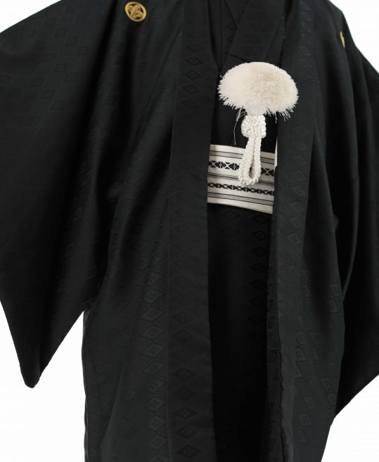 紋付袴レンタル・成人式・結婚式・卒業式|黒　菱に花菱と若松菱[身長180cm対応]No.315